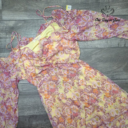 Rewind Open Back Floral Mini Dress Pink Yellow Chiffon Ruffle NWT Size XXL