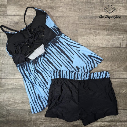 Summer Mae Cage Back Boyshort Tankini Swimsuit Blue Black Size XL