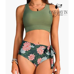 Dokotoo Crop Top High Waist Floral Bikini Swimsuit Green NWT Size M