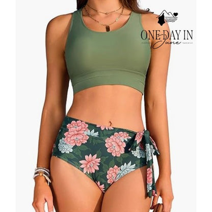 Dokotoo Crop Top High Waist Floral Bikini Swimsuit Green NWT Size M