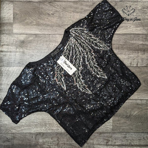 Jewel Queen Vintage Angelique Silk Sequin Beaded Top Black Silver NWT Size S