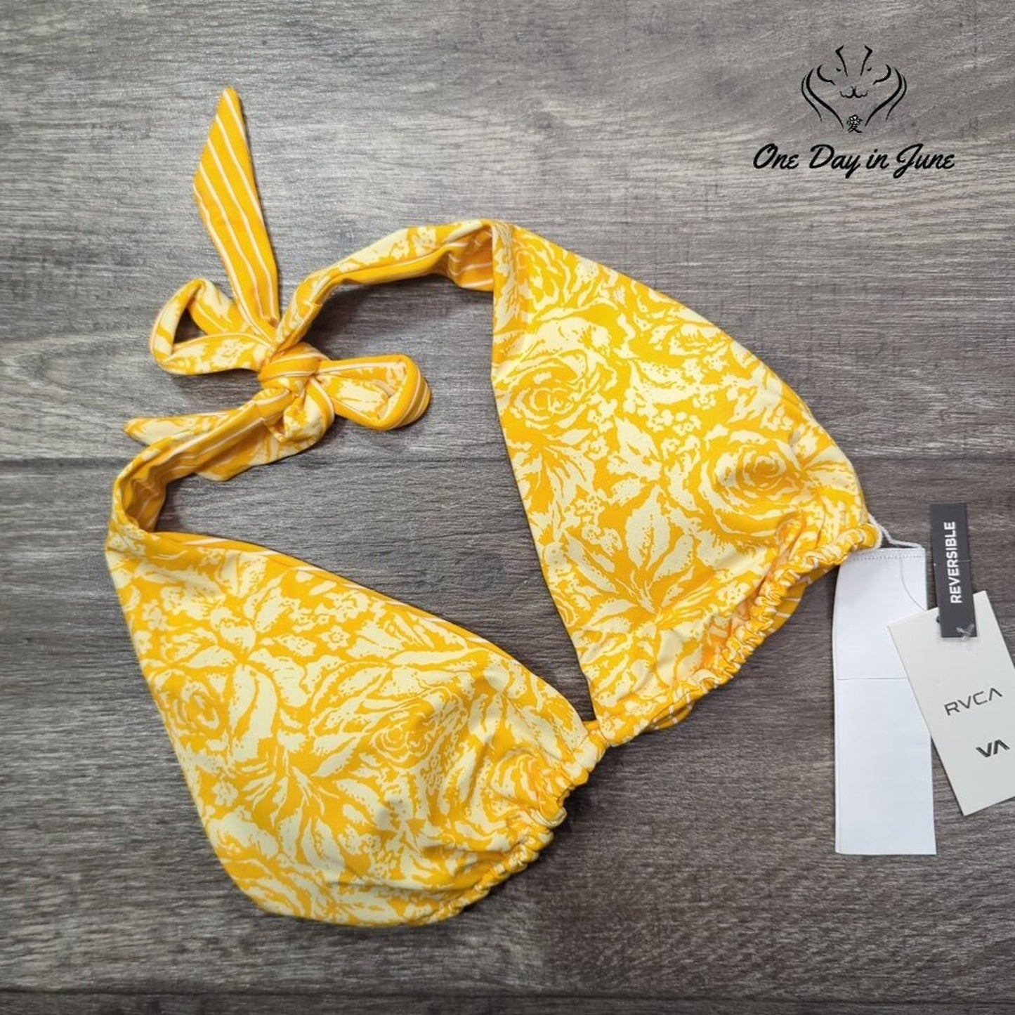 RVCA Forever Halter Reversible Bikini Top Yellow Floral NWT $58 Size S