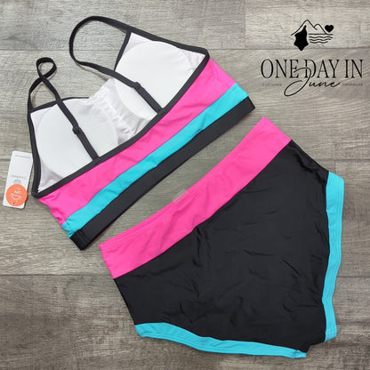 Charmo High Waist Colorblock Crop Top Bikini Swimsuit Pink Aqua NWT Size XL