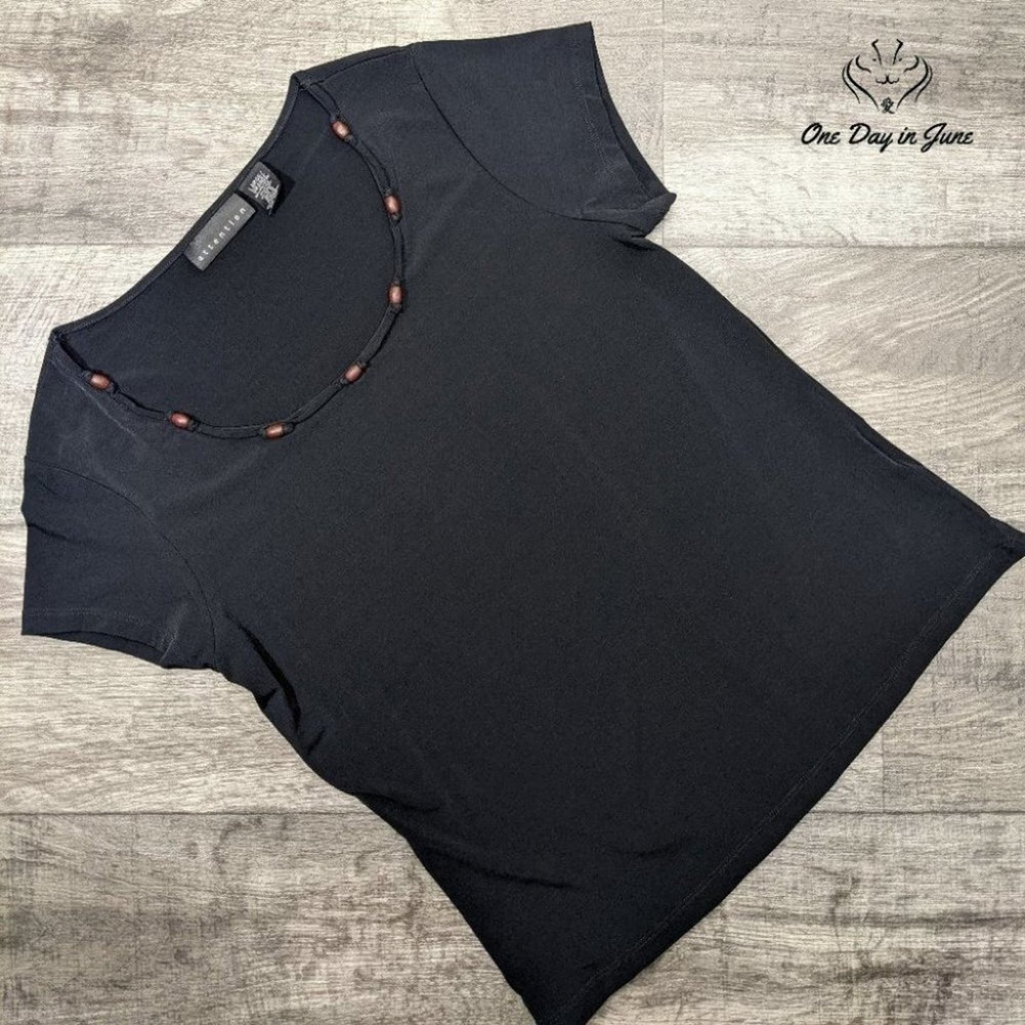 Attention Women's Wide Neck Beaded Short Sleeve Top Size L