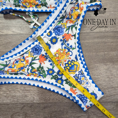 Zaful Floral Paisley Bandeau Bikini Swimsuit Blue White NWT Size S