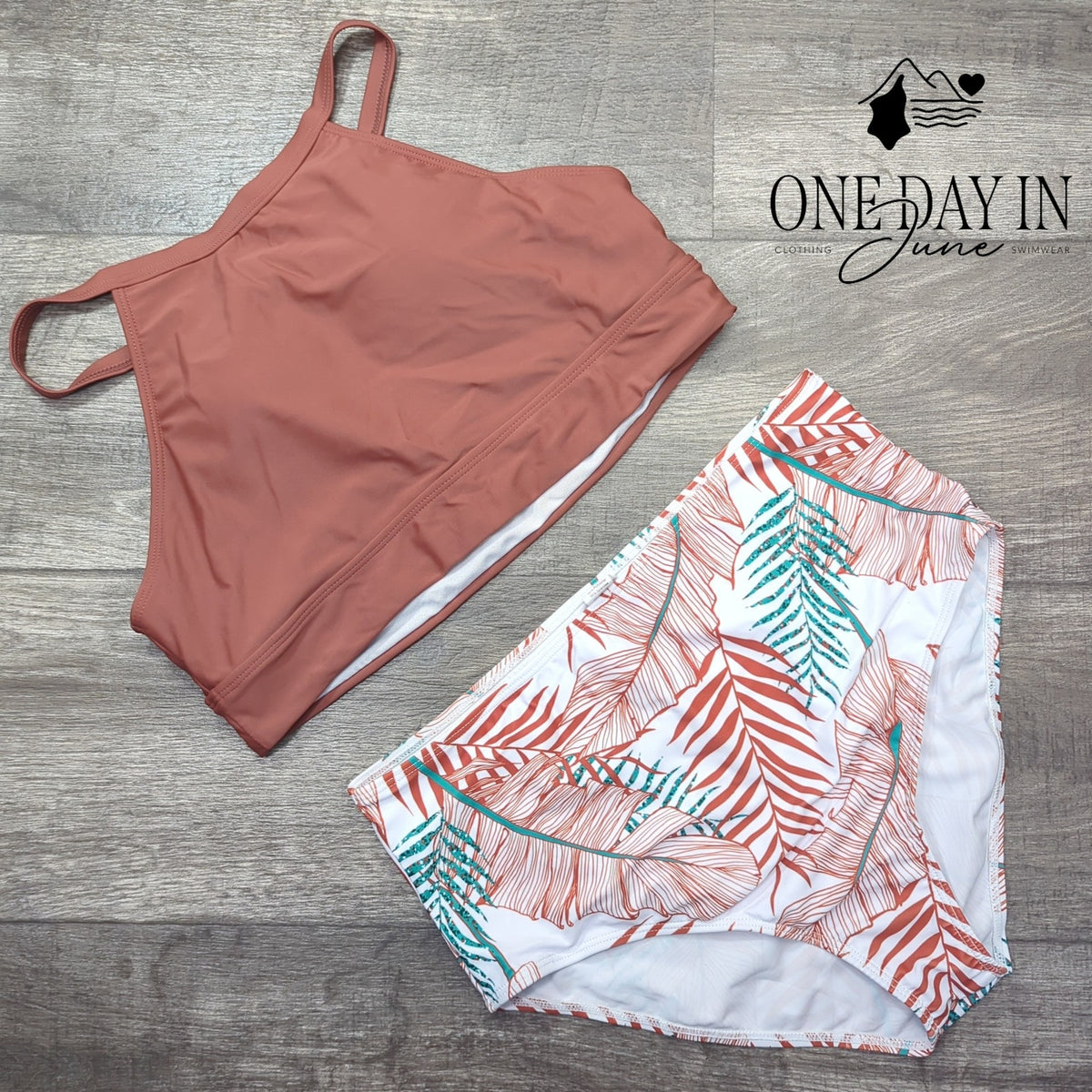CharmLeaks High Neck High Waist Tropical Bikini Swimsuit Rust Size L
