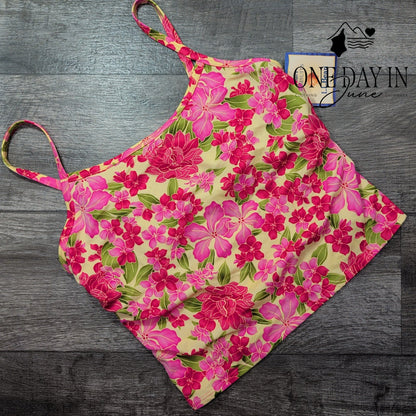 L.L. Bean Floral Tankini Swim Top Pink Yellow Tropical High Neck NWT Size 18