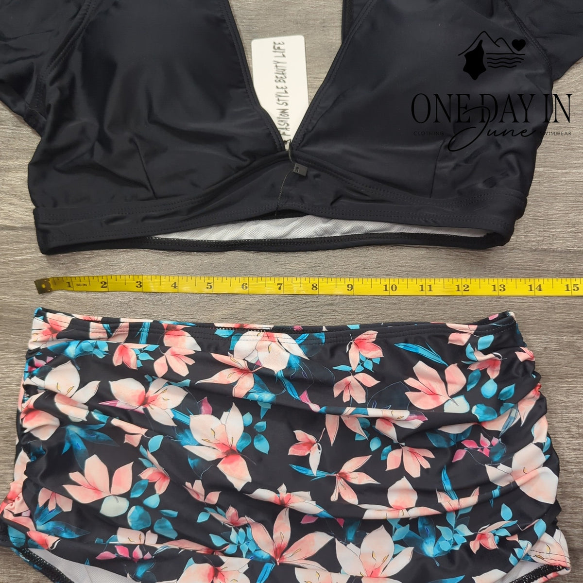 Sporlike Ruffle Shoulder High Waist Floral Bikini Swimsuit Black NWT Size L