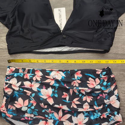 Sporlike Ruffle Shoulder High Waist Floral Bikini Swimsuit Black NWT Size L