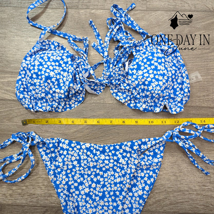Zaful Floral Bikini Swimsuit Blue Ruffle Tie Side 2 Piece NWT Size M
