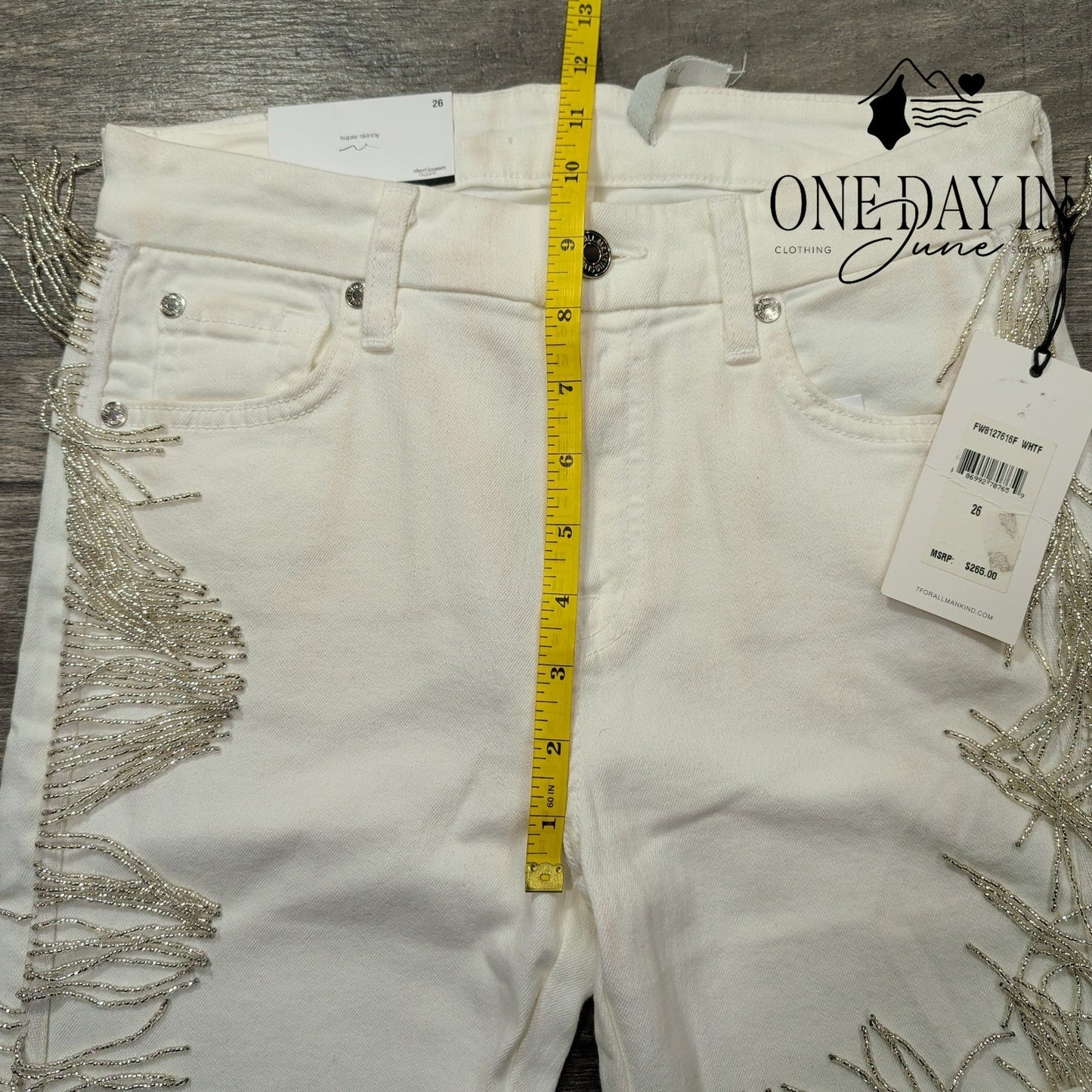 7 For All Mankind Jeans White Beaded Fringe Mid Rise Ankle Skinny NWT Size 2 (26