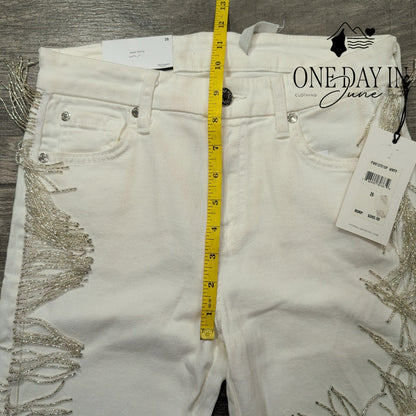 7 For All Mankind Jeans White Beaded Fringe Mid Rise Ankle Skinny NWT Size 2 (26