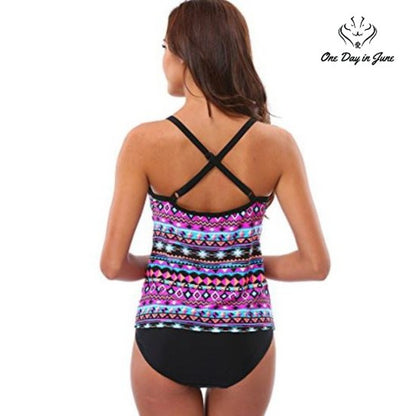 ALove Tribal Geometric Print Tankini Swimsuit Pink Blue Black Size L