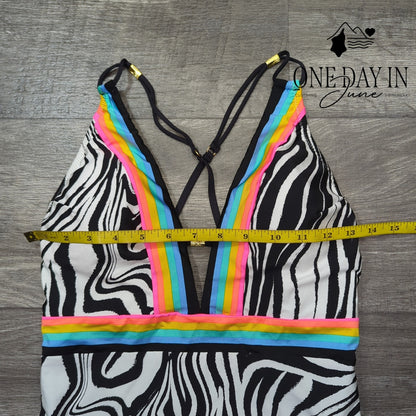 Sunshine 79 Deep V Plunge Zebra Rainbow One Piece Swimsuit NWT $162 Size 10
