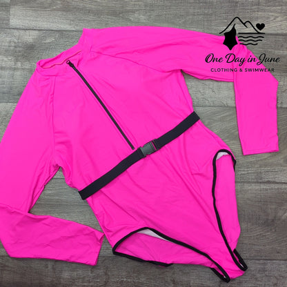Charmleaks Plus Size Long Sleeve Belted One Piece Swimsuit Size 2XL