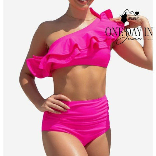 Sporlike One Shoulder Ruffle High Waist Bikini Swimsuit Size M