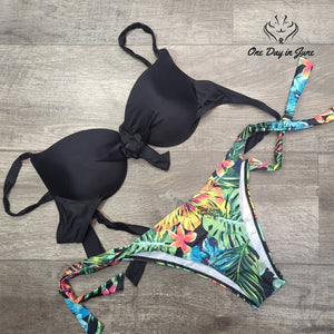 ODIJ Molded Cup Push Up Floral Tie Side Bikini Swimsuit Black Size XL