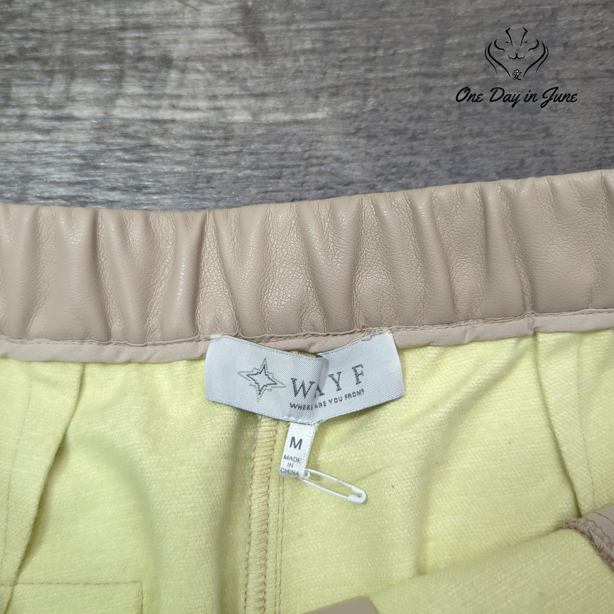 WAYF Faux Leather Wide Leg Pants Beige High Rise Elastic Waist Size M
