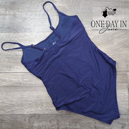 Adisputent Moderate One Piece Swimsuit Navy Blue Scoop Neck Size M