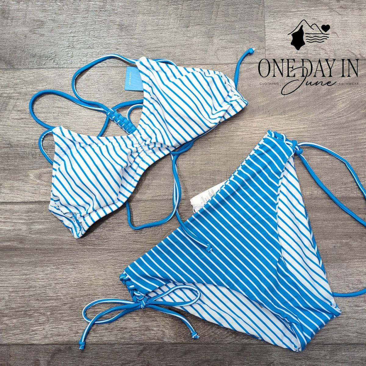 Cupshe Blue White Striped Braided Back Reversible Bikini Swimsuit NWT Size S