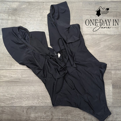 Sporlike Womens Ruffle Shoulder Deep V One Piece Swimsuit Black NWT Size M