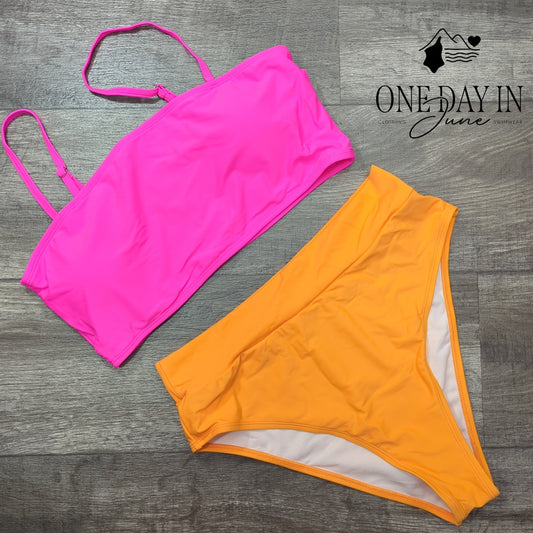 Adisputent High Waist Bandeau Bikini Swimsuit Hot Pink Orange Size XL