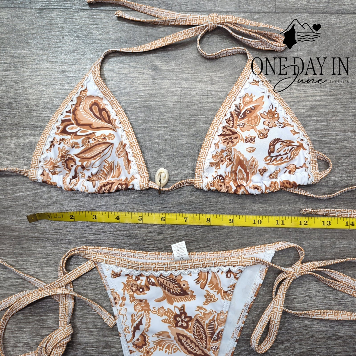 Aleumdr Triangle Tie Side Bikini Swimsuit Brown Floral 2 Piece Size XS