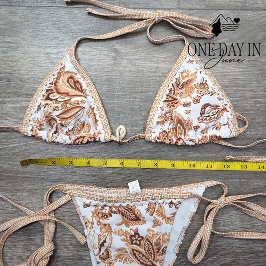 Aleumdr Triangle Tie Side Bikini Swimsuit Brown Floral 2 Piece Size XS