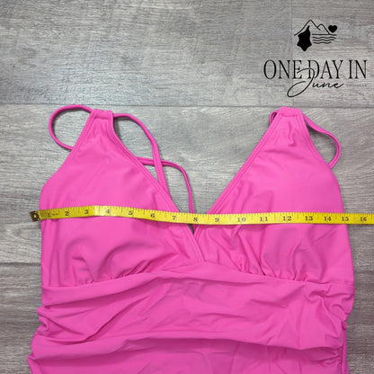 Cocopear V Neck Cross Back Ruched One Piece Swimsuit Hot Pink NWT Size XL