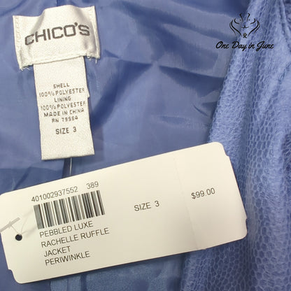 Chico's Pebbled Luxe Rachelle Ruffle Jacket Periwinkle NWT $99 Size 3 (16)