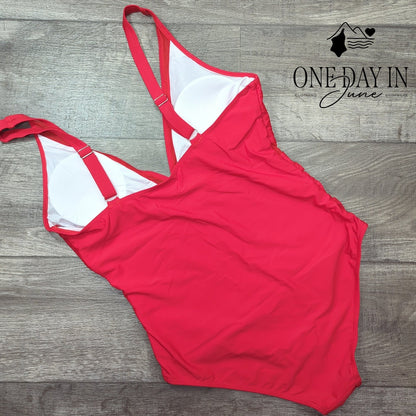 Zando Mesh Cut Out One Piece Swimsuit Red Ruched Tummy Control Size XL