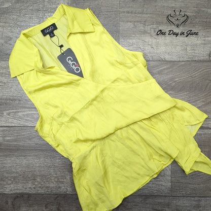 GiGiO Sleeveless Wrap Blouse Neon Yellow Collared Ruffle Top NWT Size S
