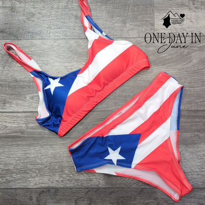 Adisputent Puerto Rico Flag Crop Top Bikini Swimsuit Red White Blue Size S