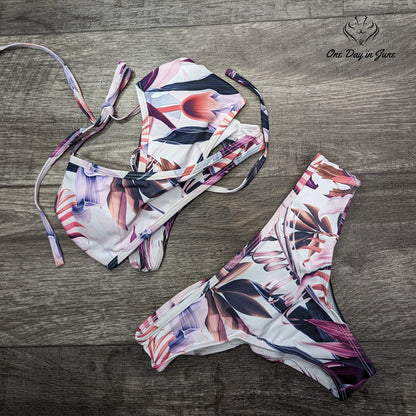 Gakau Floral Criss Cross Lace Up Bikini Swimsuit Size S