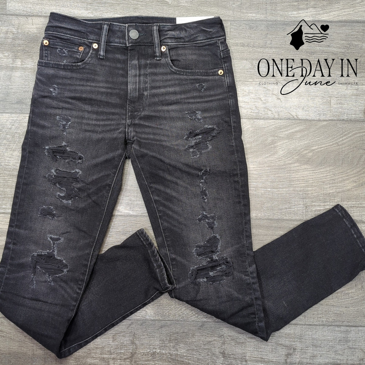 American Eagle Outfitters AirFlex+ Skinny Jeans Black Distressed NWT Size 28 (6)