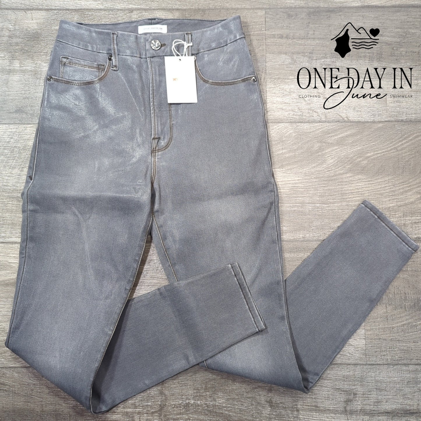Good American Good Waist Coated Skinny Ankle Jeans Gray Silver NWT Size 4 (27)