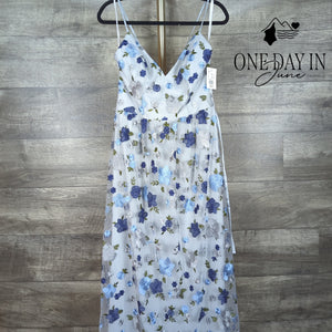David's Bridal Floral Embroidered Mesh Maxi Dress Mystic Blue NWT Size 8