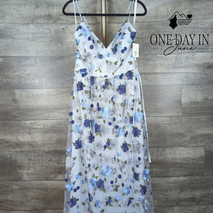 David's Bridal Floral Embroidered Mesh Maxi Dress Mystic Blue NWT Size 8