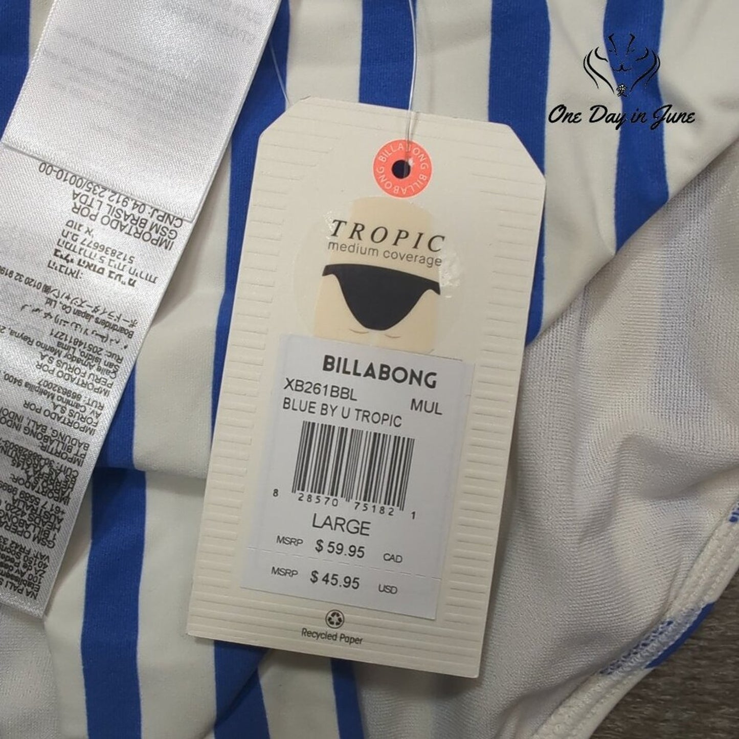 Billabong Blue By U Tropic Bikini Bottom Blue Stripe Medium Coverage NWT Size L