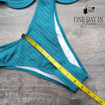 CharmLeaks Womens Ribbed Underwire Cheeky Bikini Swimsuit Teal Blue Size M