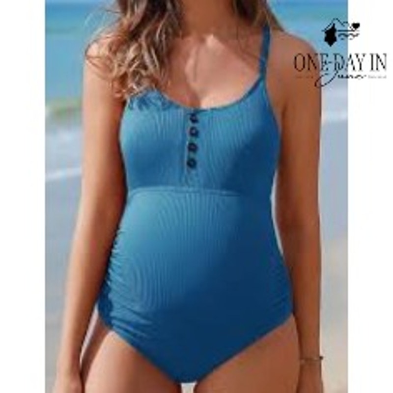 Summer Mae Maternity Ribbed Button Front Ruched One Piece Swimsuit Blue Size S