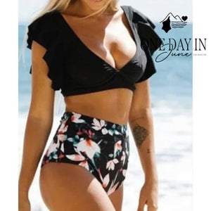 Sporlike Ruffle Shoulder High Waist Floral Bikini Swimsuit Black NWT Size M