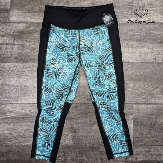 Rise LuLaRoe Activewear Capri Leggings Blue Geometric Print Pockets Size L