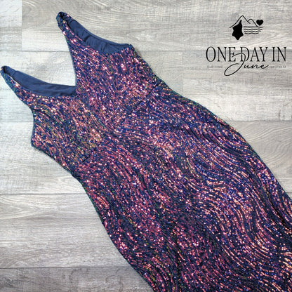 Night Way Sequin Maxi Dress Navy Rainbow V Neck Formal Gown NWT Size 10P