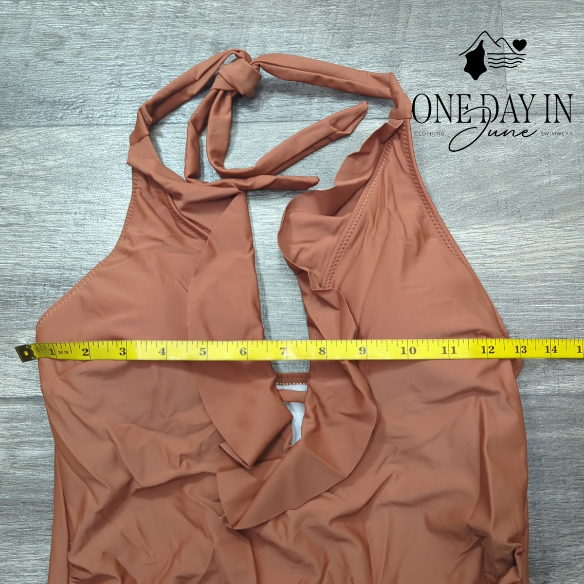 Suuksess Ruffle V Neck Ruched Halter One Piece Swimsuit Brown Size M