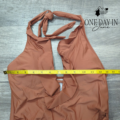 Suuksess Ruffle V Neck Ruched Halter One Piece Swimsuit Brown Size M