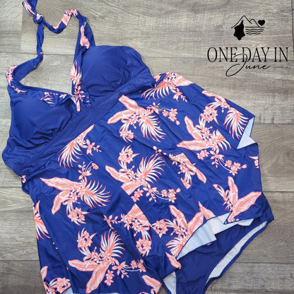 CharmLeaks Plus Size Halter Swimdress Tankini Swimsuit Blue Floral Size 4XL