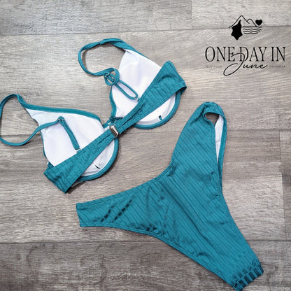 CharmLeaks Womens Ribbed Underwire Cheeky Bikini Swimsuit Teal Blue Size M