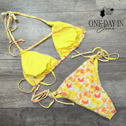 Aleumdr Floral Triangle Bikini Set Yellow Orange Halter Tie Side Swimsuit Size S