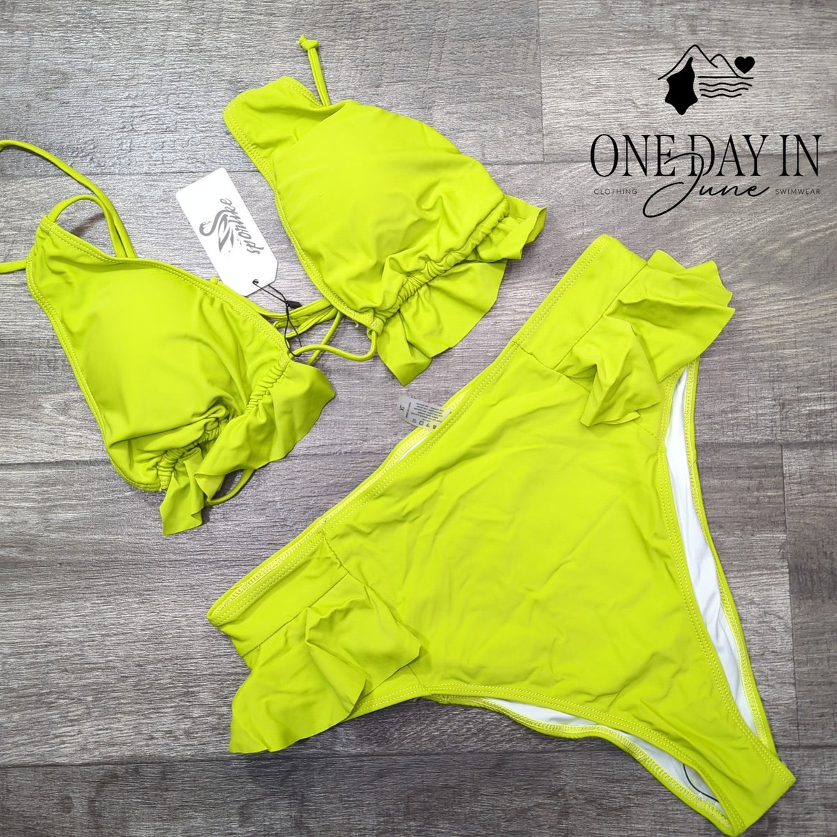 Sporlike Triangle Ruffle High Waist Bikini Swimsuit Lime Green NWT Size XL